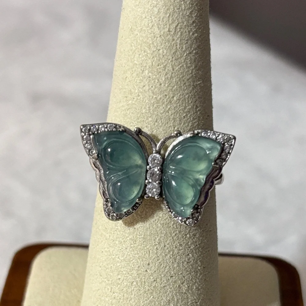 S925 Natural Jade Butterfly Sterling Silver Adjustable Ring